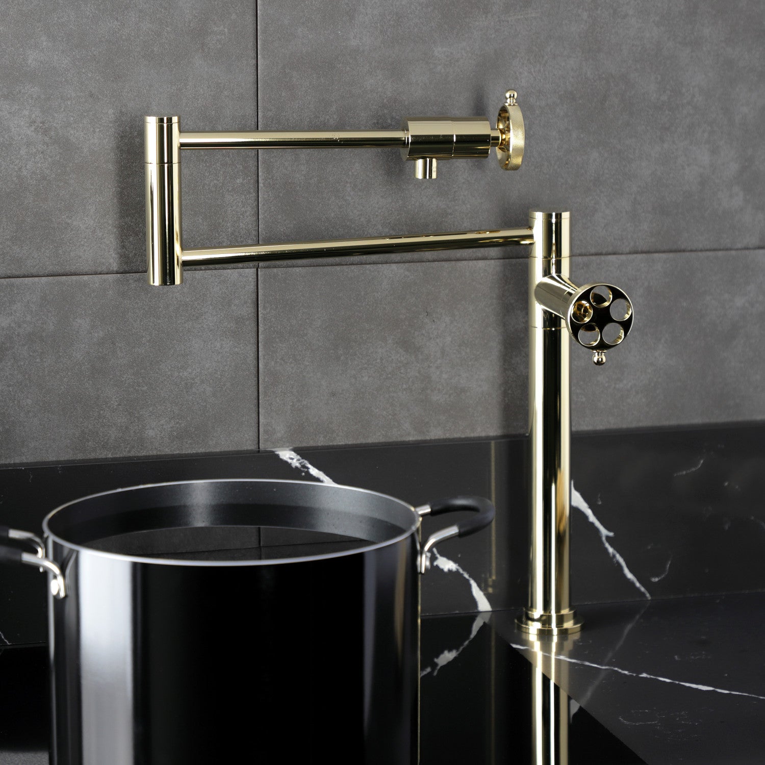 Kingston Sona KS4702RKZ - Wendell Two-Handle 1-Hole Deck Mount Pot Filler Faucet with Knurled Handle, Polished Brass — thumbnail 3